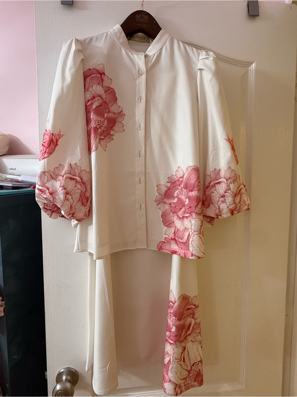 September Inc White Long-Sleeve Floral Button Front Dress with Pink Blooms